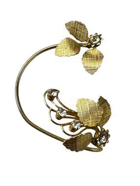 Vintage Gold-Tone Floral Ear Hugger Clip-On Earrings With Rhinestone Accents & T